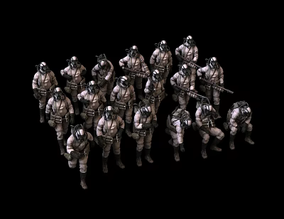 Men in Protective Gear Holding Guns Standing Together in Group Formation 3d model