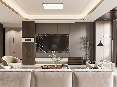 Modern Living Room Interior With Light Gray Sofa Marble TV Wall And Recessed Lights 3d model