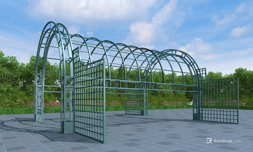 Outdoor Metal Arched Pergola With Greenery Blue Sky And Paved Plaza 3d model 