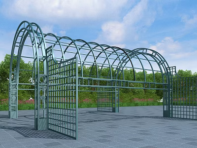 Outdoor Metal Arched Pergola With Greenery Blue Sky And Paved Plaza 3d model