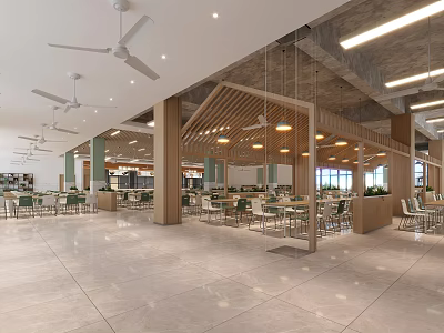 Spacious Bright Cafeteria Interior With Wooden Structures Ceiling Fans And Hanging Lights 3d model
