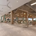 Spacious Bright Cafeteria Interior With Wooden Structures Ceiling Fans And Hanging Lights