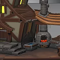 Rustic Cottage Building With Tiled Roof Chimney Stone Steps And Outdoor Fireplace Cart