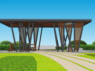 Modern Pergola with Crisscross Metal Columns Wooden Slats and Green Lawn 3d model