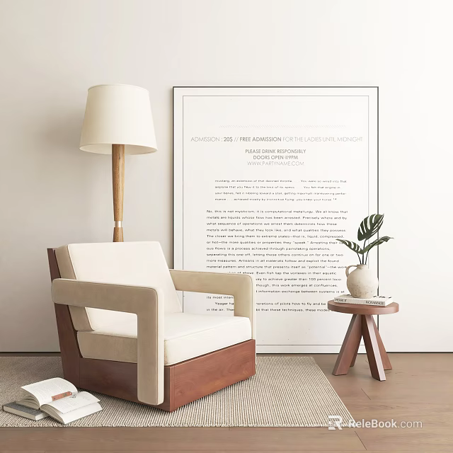 Single Seater Sofa Living Room With Floor Lamp Wall Art Side Table And Potted Plant 3d model 