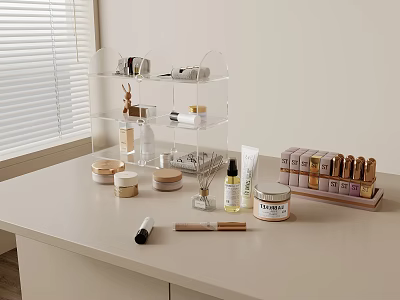 Decorative Ornament Set on Tabletop with Transparent Rack Small Jars Bottles Cosmetics and Lipstick Collection 3d model