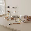 Decorative Ornament Set on Tabletop with Transparent Rack Small Jars Bottles Cosmetics and Lipstick Collection