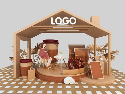 Warm Exhibition Booth With Logo Pink Seated Figure Coffee Cups Palm Leaves And Checkered Floor 3d model