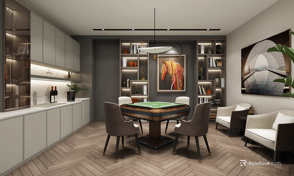 Elegant Hotel Mahjong Room With Mahjong Table Comfortable Chairs Bookshelves And Decorative Artwork 3d model 