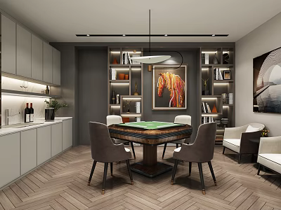 Elegant Hotel Mahjong Room With Mahjong Table Comfortable Chairs Bookshelves And Decorative Artwork 3d model