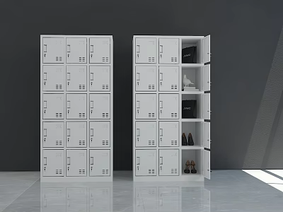 White Lockers With Multiple Doors Open Compartments For Storage In Modern Room 3d model