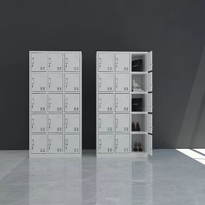 White Lockers With Multiple Doors Open Compartments For Storage In Modern Room 3d model