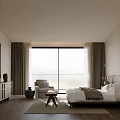 Minimalist Bedroom Interior Design With Wooden Headboard Bed And Large Window Curtains And Wooden Flooring