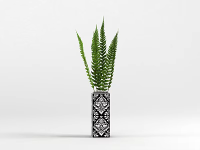 Potted Fern Plant in Black Vase with White Geometric Pattern for Decor 3d model