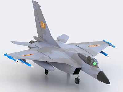 Gray Camouflage Fighter Jet Display Model With Blue Missiles And Landing Gear 3d model