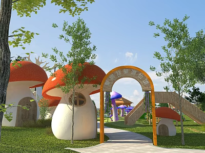 Vibrant Park Landscape With Mushroom Shaped Structures Orange Arched Gate Green Lawn Trees And Pathway 3d model