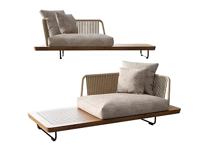 Natural Style Sectional Sofa With Rattan Accents Beige Cushions And Wooden Frame 3d model