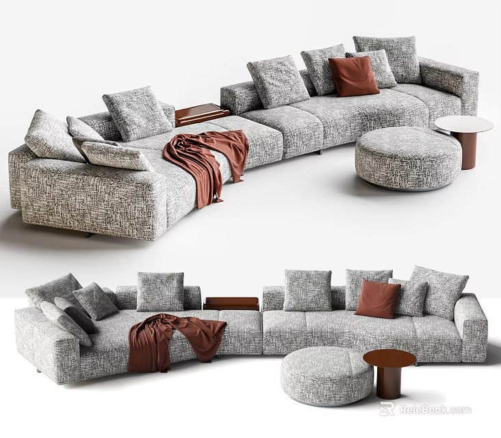 Gray Fabric Sectional Sofa with Multiple Cushions Brown Throw Blanket Ottoman and Small Round Table 3d model