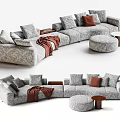 Gray Fabric Sectional Sofa with Multiple Cushions Brown Throw Blanket Ottoman and Small Round Table 3d model