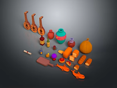 Handmade Sculpture Carvings with Various Shapes Colors Including Guitar Wood Pots Fish Bread Art Pieces 3d model