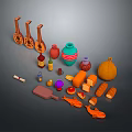 Handmade Sculpture Carvings with Various Shapes Colors Including Guitar Wood Pots Fish Bread Art Pieces
