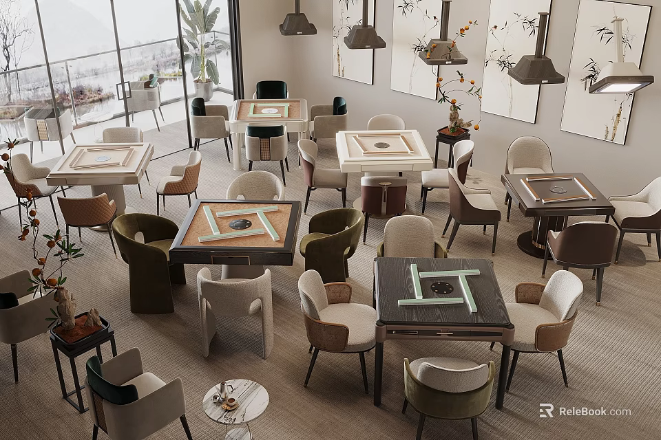 Modern Restaurant Interior With Multiple Tables Chairs Pendant Lights And Large Windows 3d model