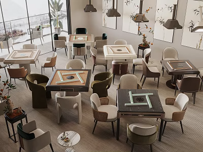 Modern Restaurant Interior With Multiple Tables Chairs Pendant Lights And Large Windows 3d model