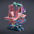Vibrant Cartoon Scenery Featuring Floating Building With Colorful Design Neon Signs And Pipes