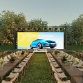 Outdoor Car Display Event On Grassland With Blue Cars Large Screen Tents And Tables