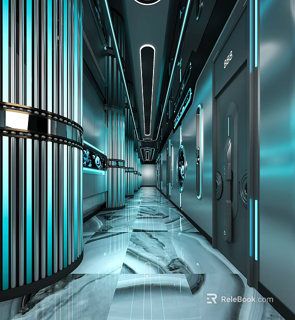 Futuristic KTV Corridor With Modern Blue Lighting Metal Decorations And Marble Floor 3d model 