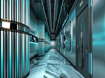 Futuristic KTV Corridor With Modern Blue Lighting Metal Decorations And Marble Floor 3d model