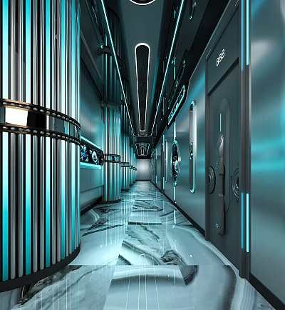 Futuristic KTV Corridor With Modern Blue Lighting Metal Decorations And Marble Floor 3d model