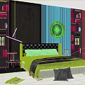 Modern Bedroom Interior Design With Tufted Headboard Round Mirror Bookshelves And Accent Pillows