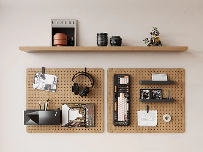 Pegboard and Wooden Shelf Wall Decor with Camera Headphones Magazine and Decorative Items 3d model