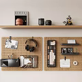 Pegboard and Wooden Shelf Wall Decor with Camera Headphones Magazine and Decorative Items