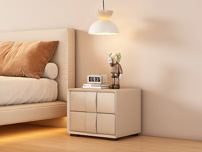 Modern Beige Bedside Table With Drawers Books Lamp And Decor In Bedroom 3d model