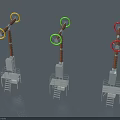Three Industrial Equipment Units with Colored Markers Yellow Green Red Vertical Columns Platforms and Ladders