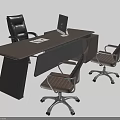 Modern Wooden Office Desk Design With Leather Chairs And Computer Monitor