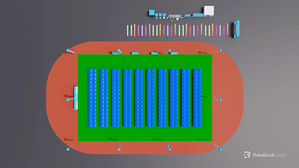 Sports Stadium Layout Design With Green Field Blue Seats And Red Track 3d model 