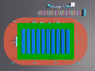 Sports Stadium Layout Design With Green Field Blue Seats And Red Track 3d model