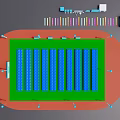 Sports Stadium Layout Design With Green Field Blue Seats And Red Track