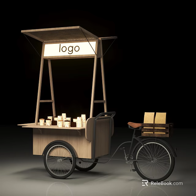 Wooden Display Cart With Logo Sign Small Cups And Bicycle Crate 3d model 