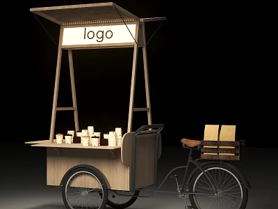 Wooden Display Cart With Logo Sign Small Cups And Bicycle Crate 3d model