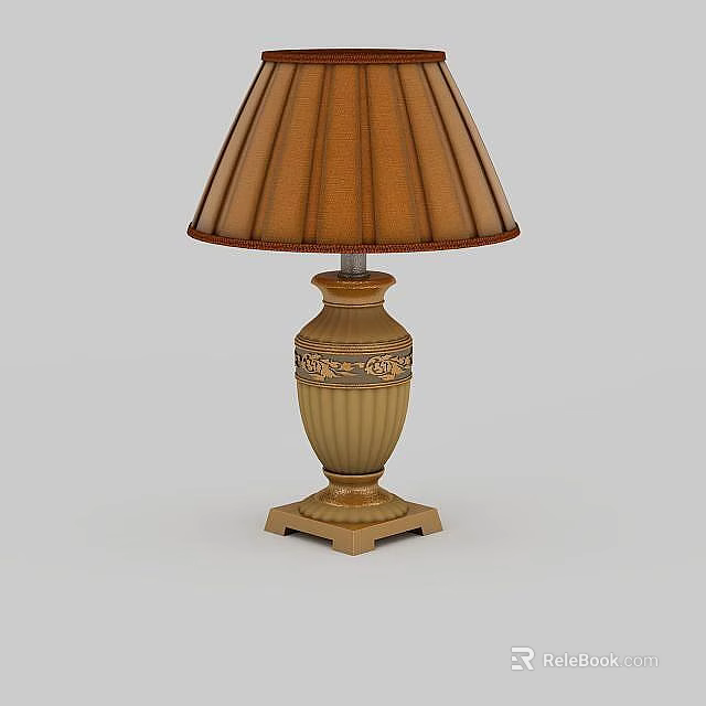 Classic Table Lamp With Brown Fabric Shade Beige Carved Base And Ornate Details 3d model 