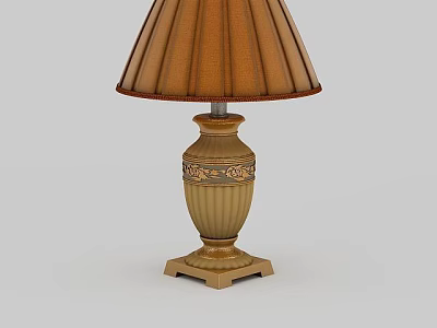 Classic Table Lamp With Brown Fabric Shade Beige Carved Base And Ornate Details 3d model