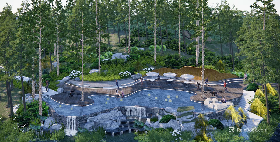 Scenic Park Landscape With Forest Trees Waterfall And Circular Seating Areas 3d model 
