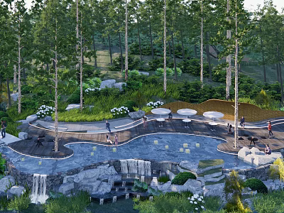 Scenic Park Landscape With Forest Trees Waterfall And Circular Seating Areas 3d model