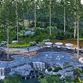 Scenic Park Landscape With Forest Trees Waterfall And Circular Seating Areas