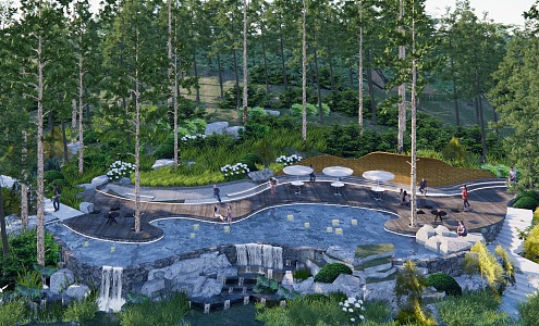 Modern Park Landscape Pool Waterscape Wood Platform 3d model