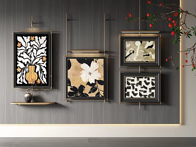 Abstract Paintings With Floral And Geometric Patterns Hanging On Gray Wall With Golden Frames 3d model
